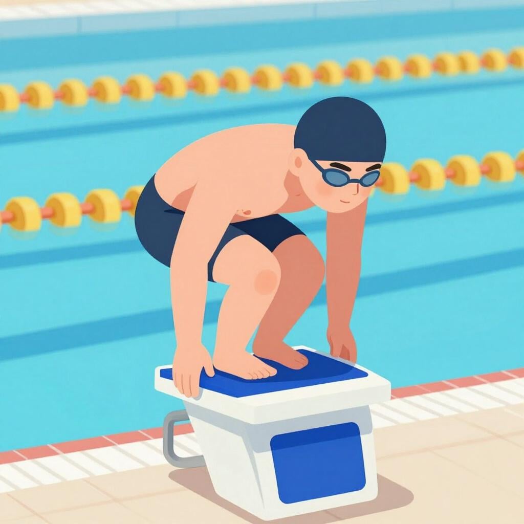 A swimmer in a ready position on a starting block before a race begins.