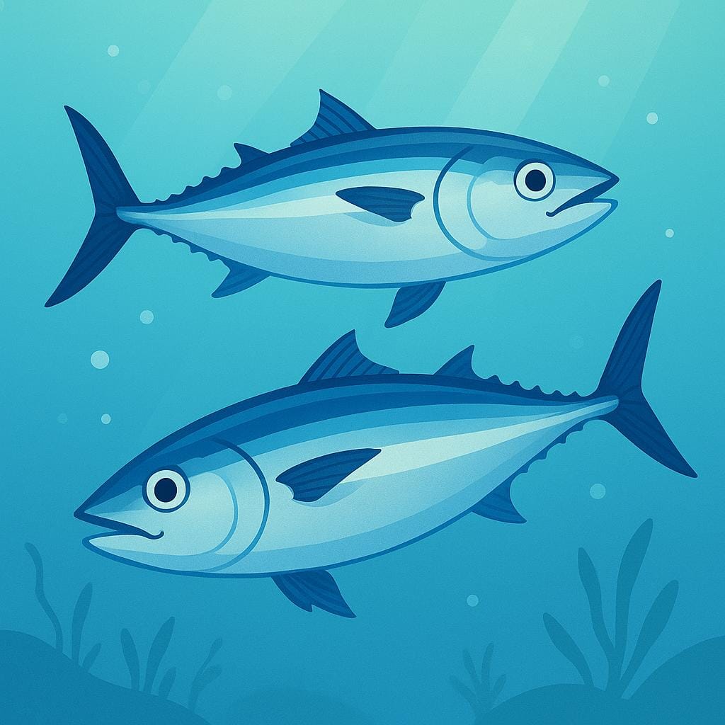 Een eenvoudige illustratie van twee gestreepte, gestroomlijnde bonito vissen die samen in de oceaan zwemmen.