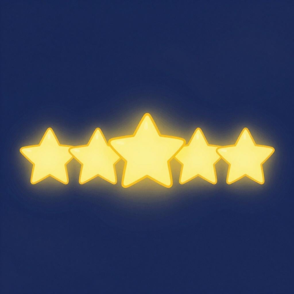 Cinco estrelas amarelas brilhantes alinhadas horizontalmente contra um fundo limpo.