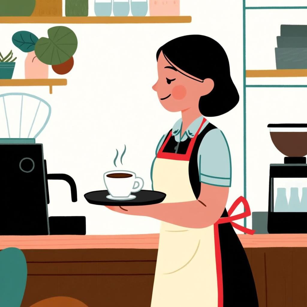 A high-quality storybook illustration of a young waitress holding a tray of drinks in a cafe setting.