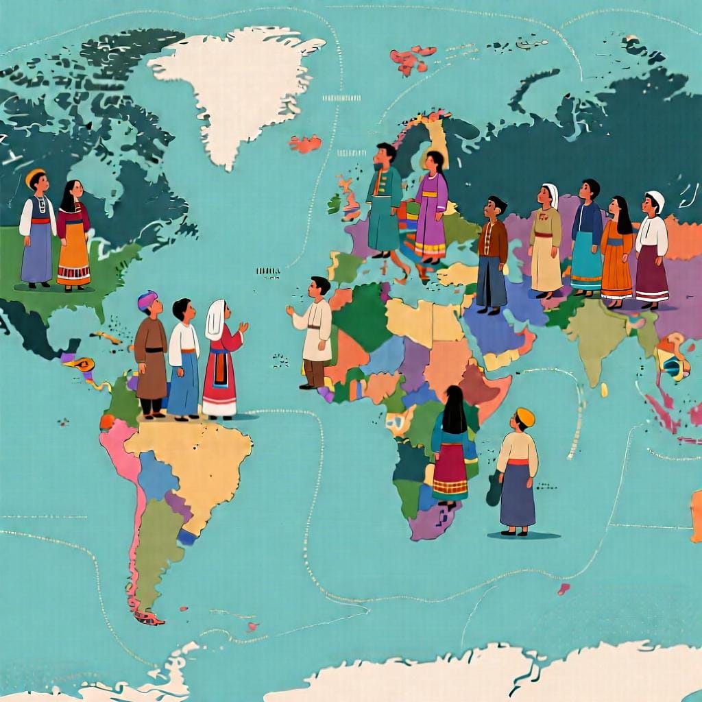 A stylized world map with diverse groups of people in traditional clothing on different continents, representing the plural 'gentes' as peoples or nations.