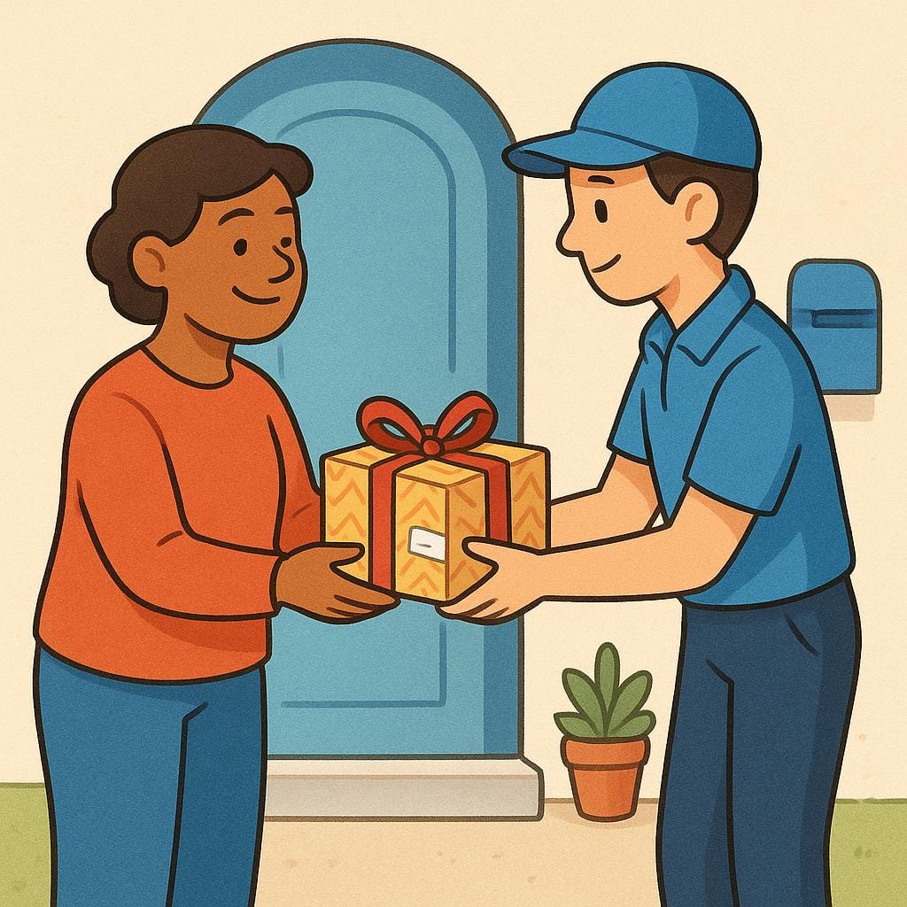 A person happily receiving a brightly wrapped gift package from a delivery person.