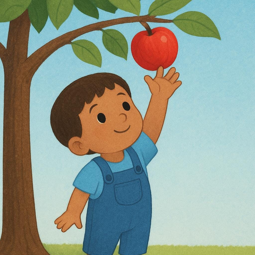 A child stands on tiptoe, stretching their arm high to grasp a bright red apple hanging from a low tree branch.