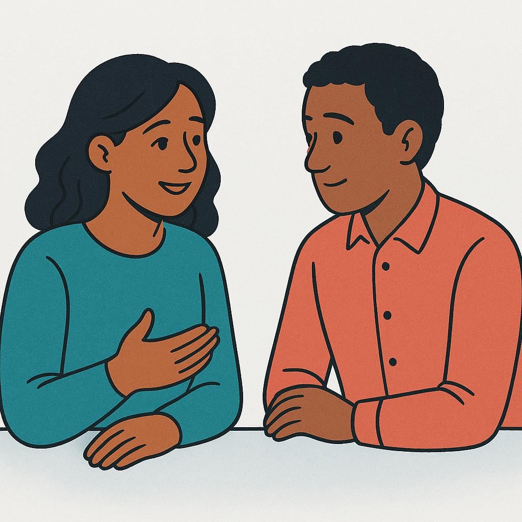 Two people sitting close together, engaged in an intimate conversation, one gesturing expressively while the other listens intently.