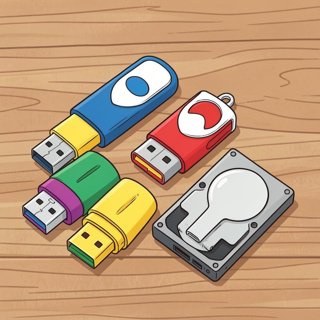 A stack of colorful flash drives and a small hard drive on a table.