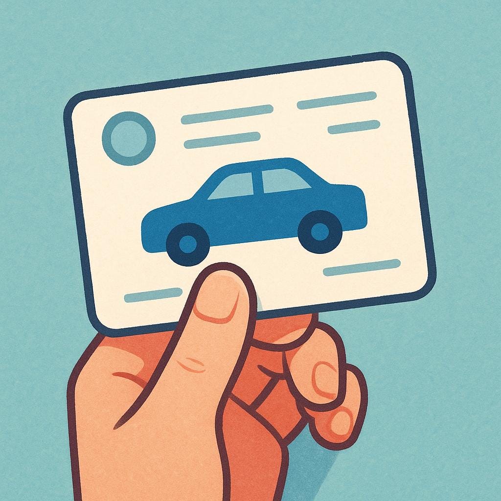 A cartoon hand holding up a stylized, official ID card featuring a small car silhouette, representing a driving license.