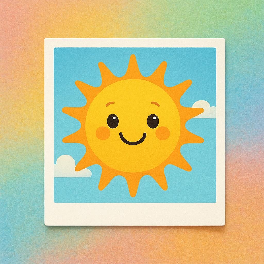 A high quality storybook illustration showing a single, square, printed photograph. The image captured within the photo is a brightly colored, smiling sun against a blue sky.