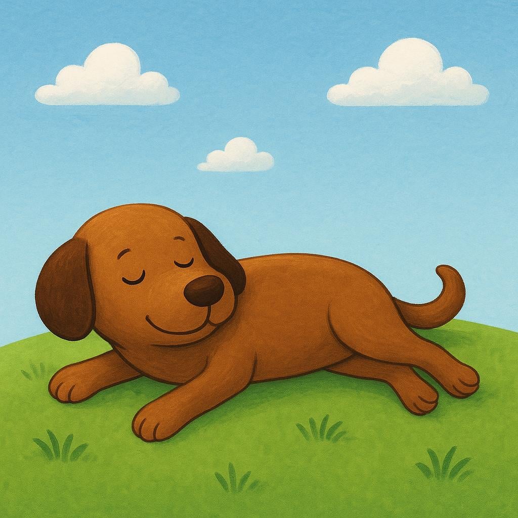 A brown dog lying completely flat on its side on a bright green grassy hill, resting peacefully.