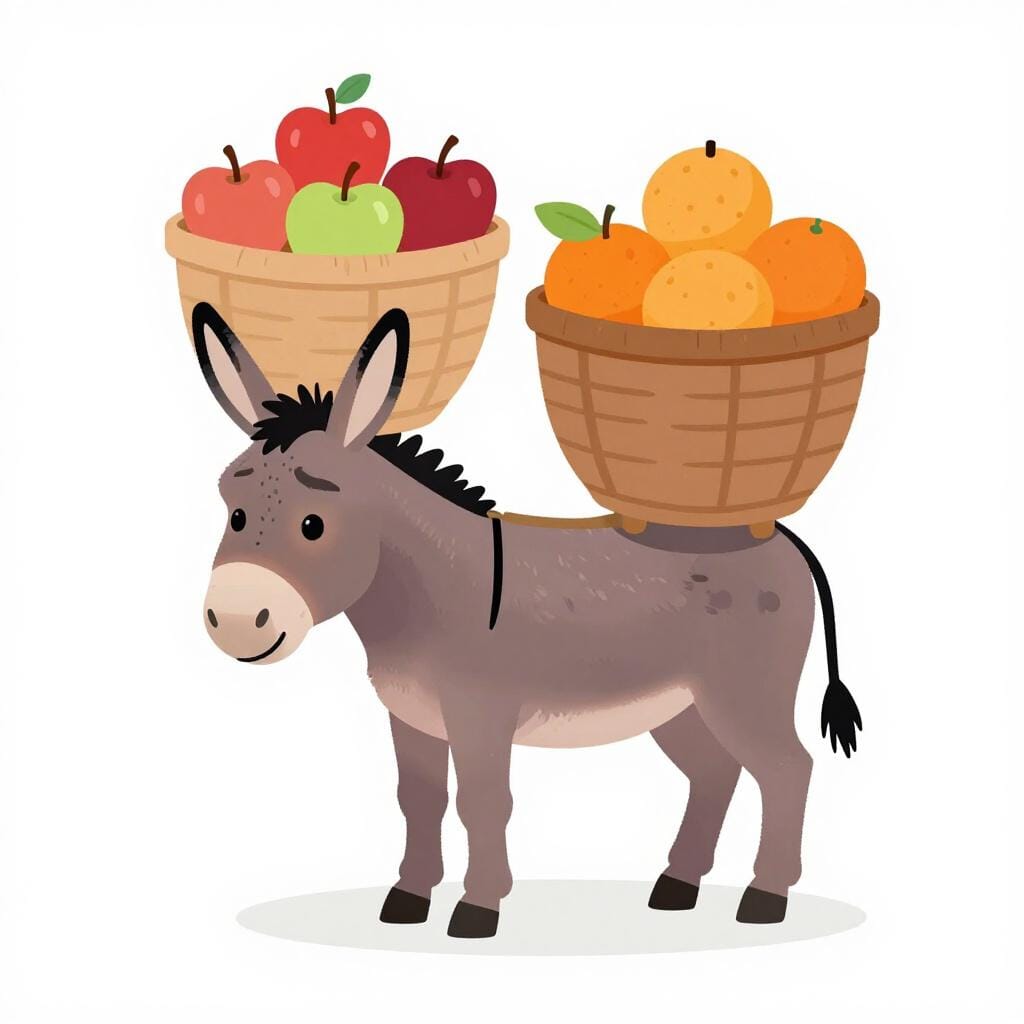 A donkey carrying two heavy woven baskets filled with colorful fruit on its back.