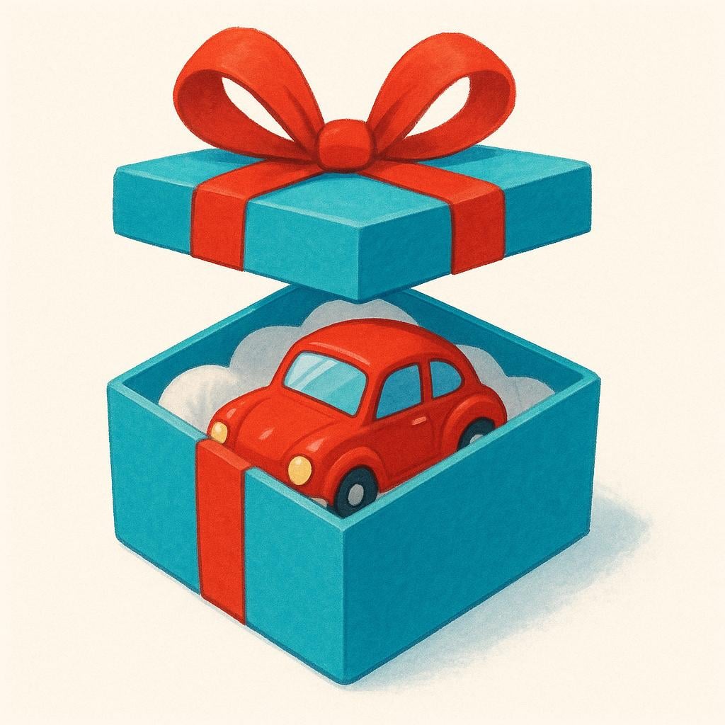 A colorful gift box with a small toy car placed inside it among tissue paper.
