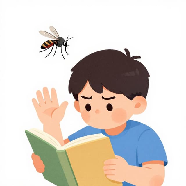 Eine kleine summende Mücke fliegt um den Kopf einer Person, die versucht, ein Buch zu lesen.