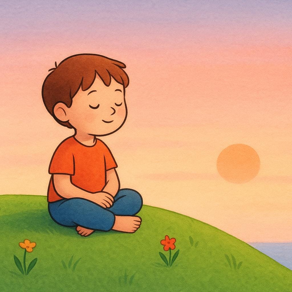 A child sitting peacefully on a green hill, gazing at a calm sunset, illustrating a serene and content emotional state.