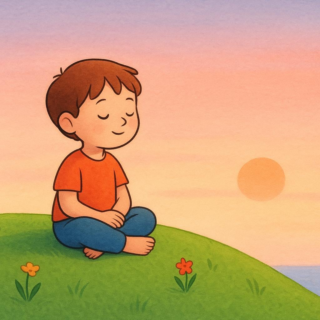 A child sitting peacefully on a green hill, gazing at a calm sunset, illustrating a serene and content emotional state.