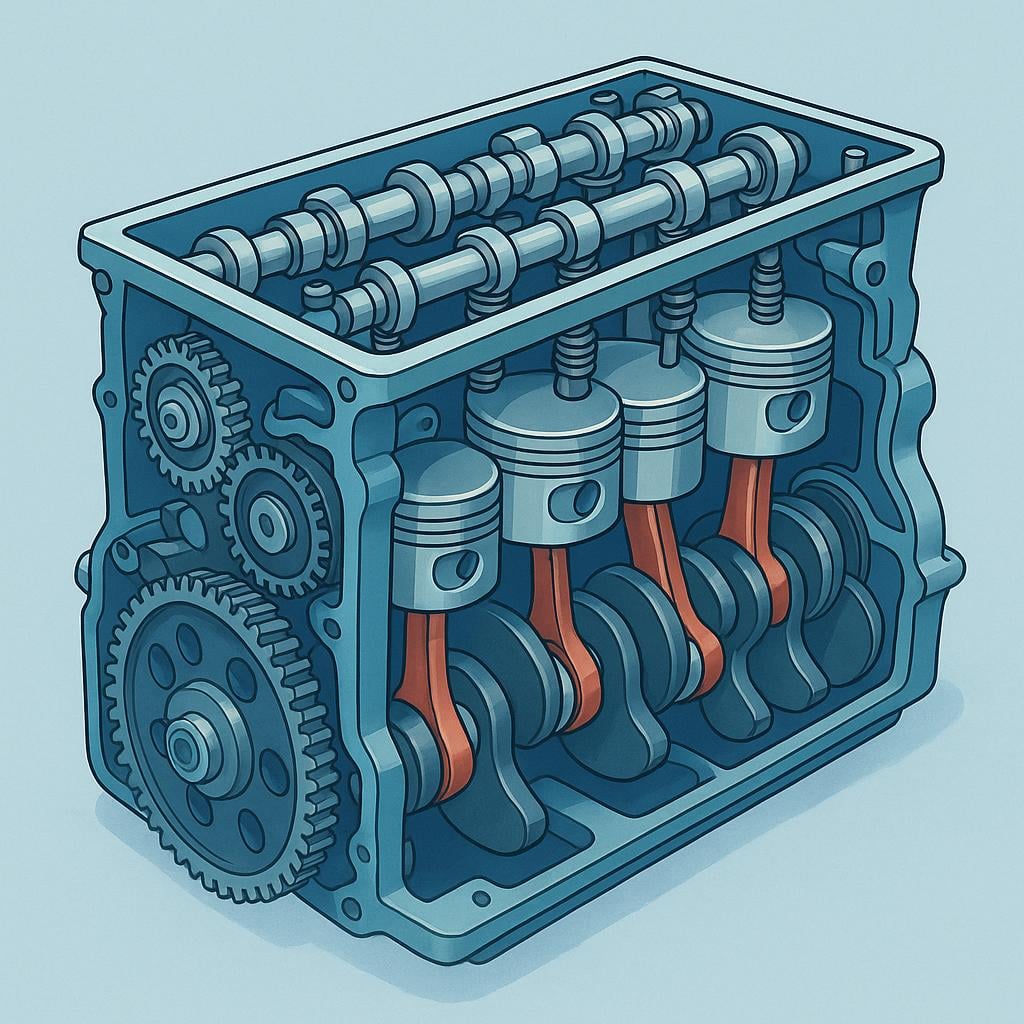A simple, detailed illustration of an exposed mechanical engine block, showing metal cylinders and gears designed to create power.