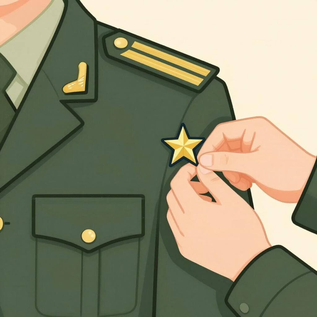 A military jacket on a wooden table with its shoulder insignia carefully being removed.