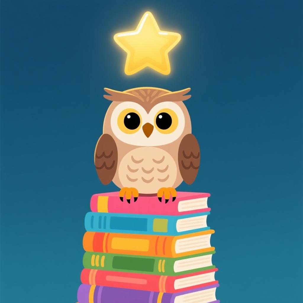 A friendly, wise owl perched on a stack of colorful books, looking thoughtfully at a glowing, simple golden star floating above its head, symbolizing a lesson.