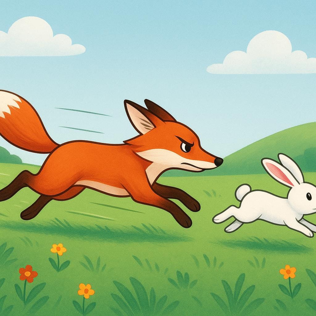 A determined fox running quickly across a grassy field, chasing a small white rabbit that is running just ahead of it.