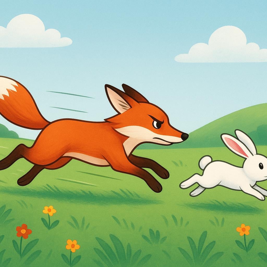 A determined fox running quickly across a grassy field, chasing a small white rabbit that is running just ahead of it.