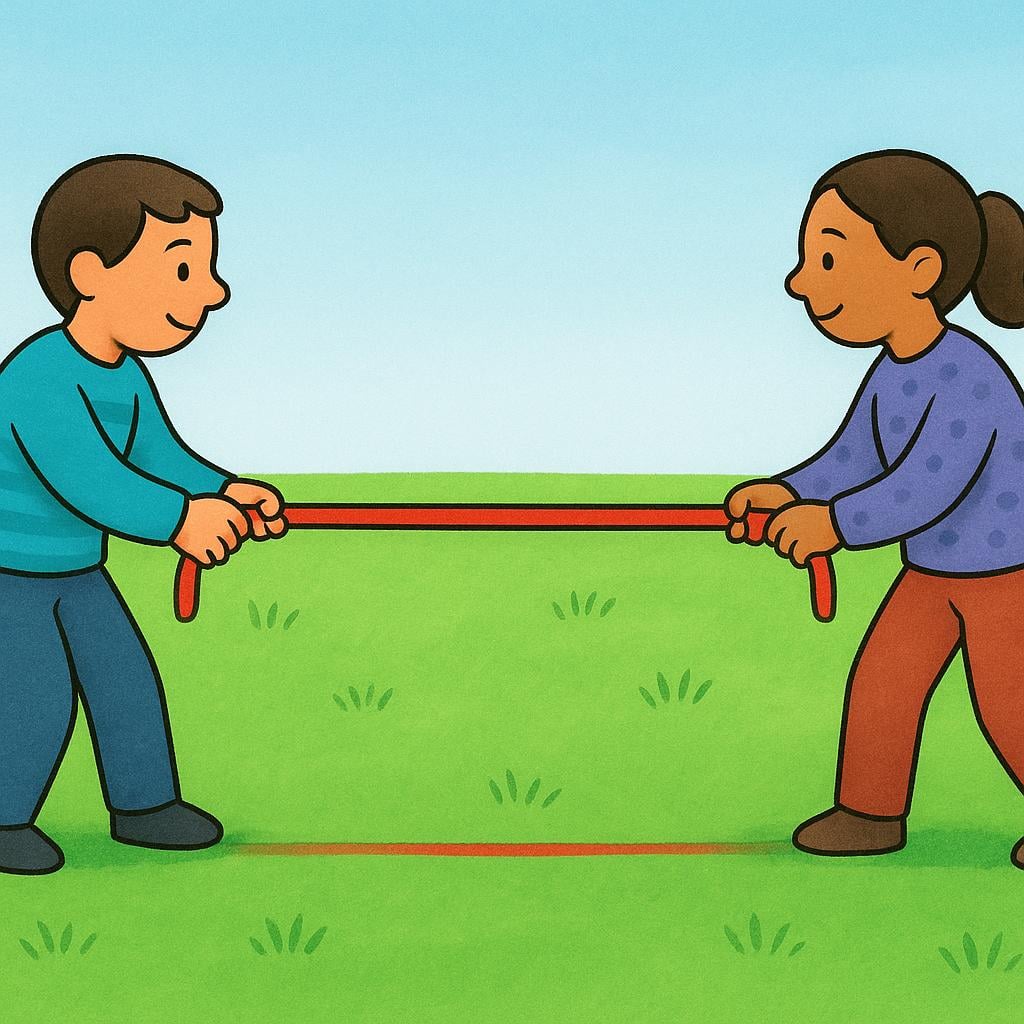 Two people holding and stretching a bright red rope across a green lawn, clearly marking a dividing line or boundary.