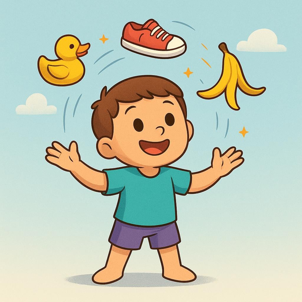A person trying to juggle absurd items like a rubber duck and a shoe, illustrating nonsense.
