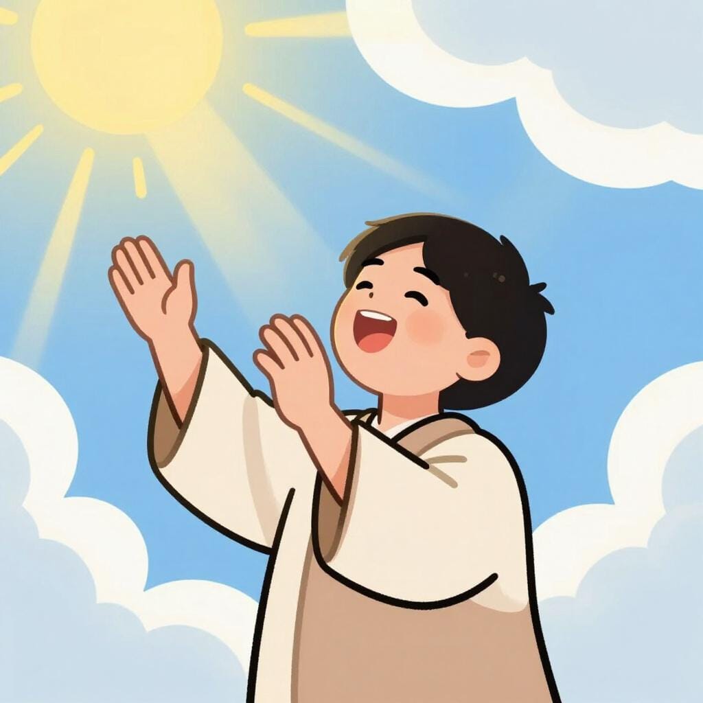 A person in a robe singing with their hands raised in a peaceful setting.