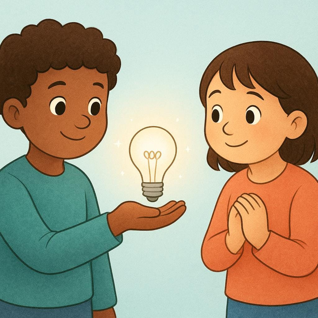 A storybook illustration showing a character holding a glowing lightbulb, presenting it forward to another character, symbolizing offering an idea or suggestion.