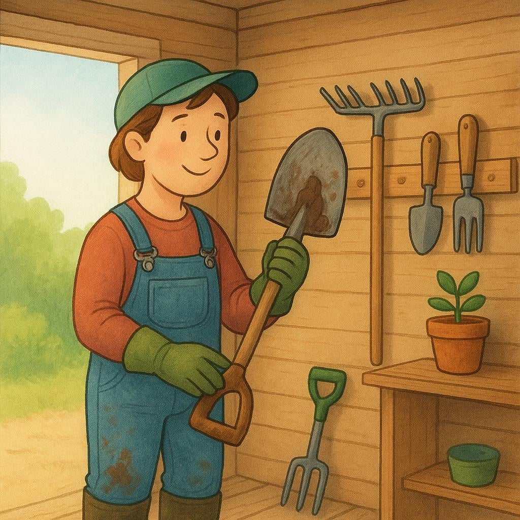 A colorful illustration showing a gardener putting a shovel away on a rack inside a shed, symbolizing the action of stopping work.