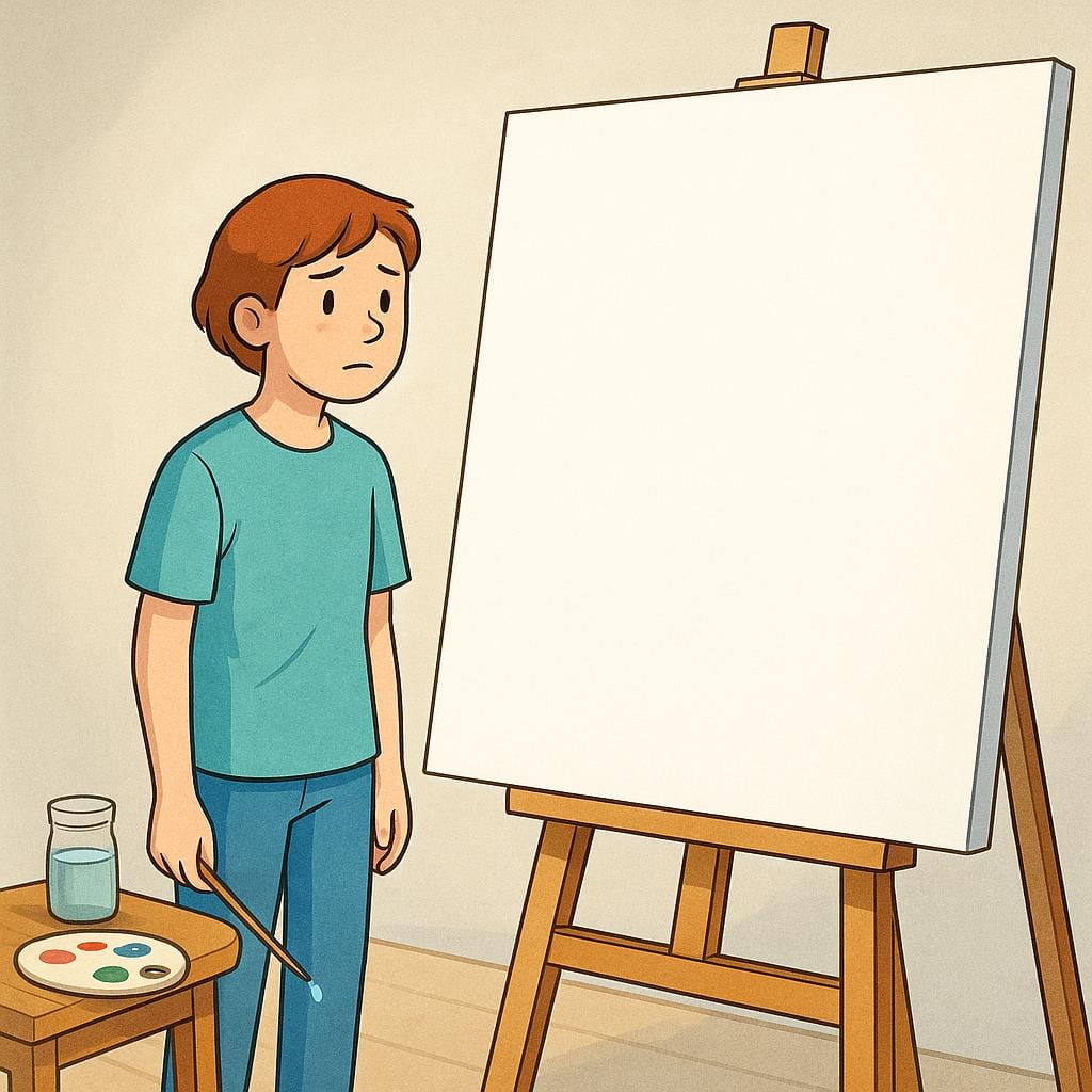 A young person standing cautiously before a large, blank white canvas on an easel, holding a paintbrush, symbolizing inexperience or being a beginner.