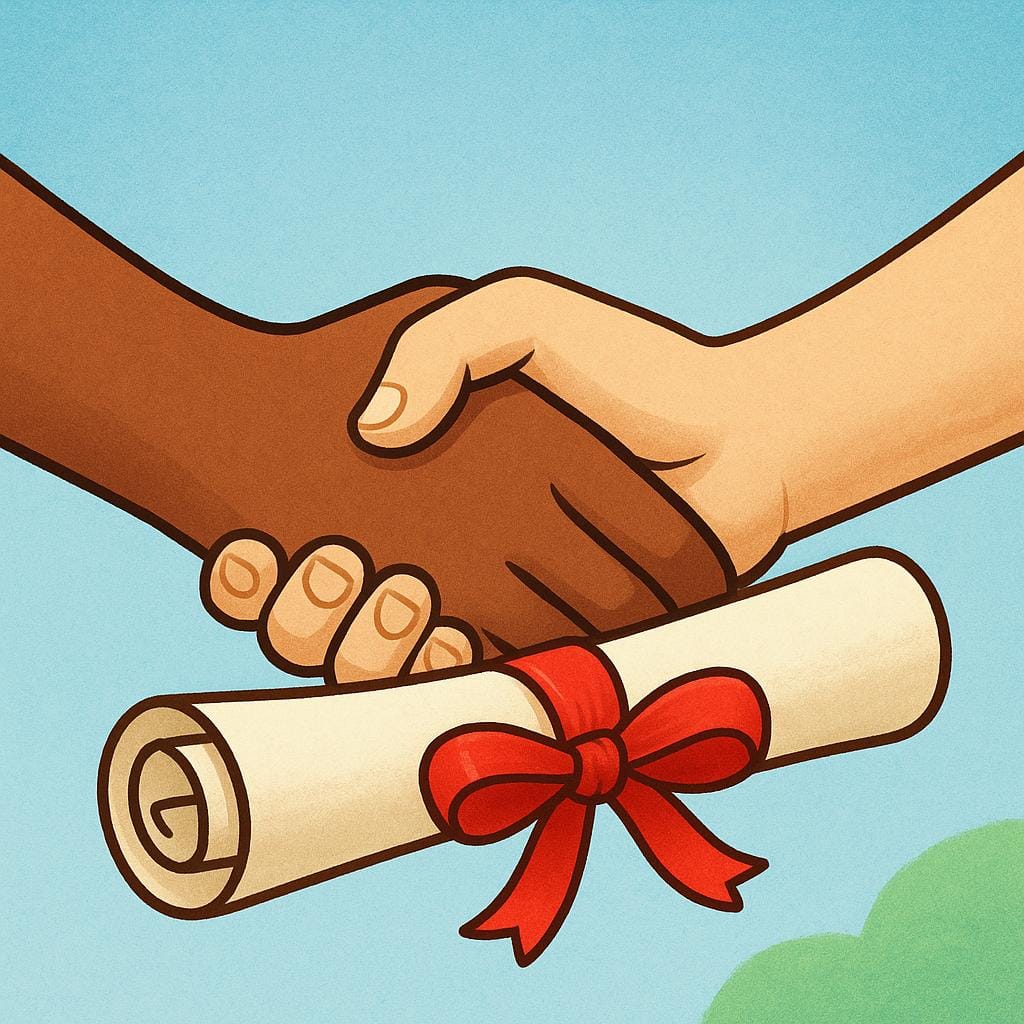 Two diverse, stylized hands shaking firmly above a rolled-up scroll tied with a red ribbon, symbolizing a formal treaty between states.