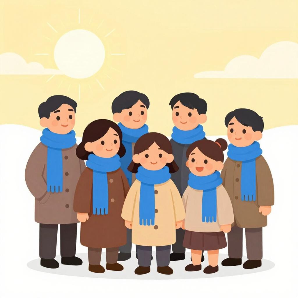 Eine Gruppe verschiedener Menschen, die alle den gleichen leuchtend blauen Schal tragen und mit glücklichen Ausdrücken in die gleiche Richtung schauen.