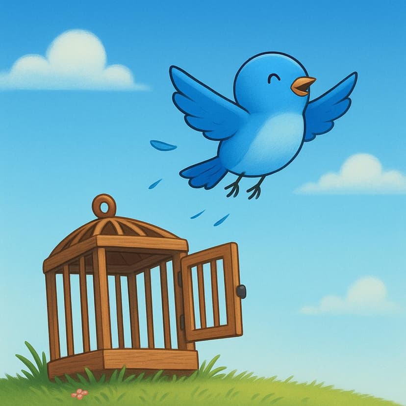 A small blue bird flying high into the open sky, having just exited an open wooden cage sitting on the ground.