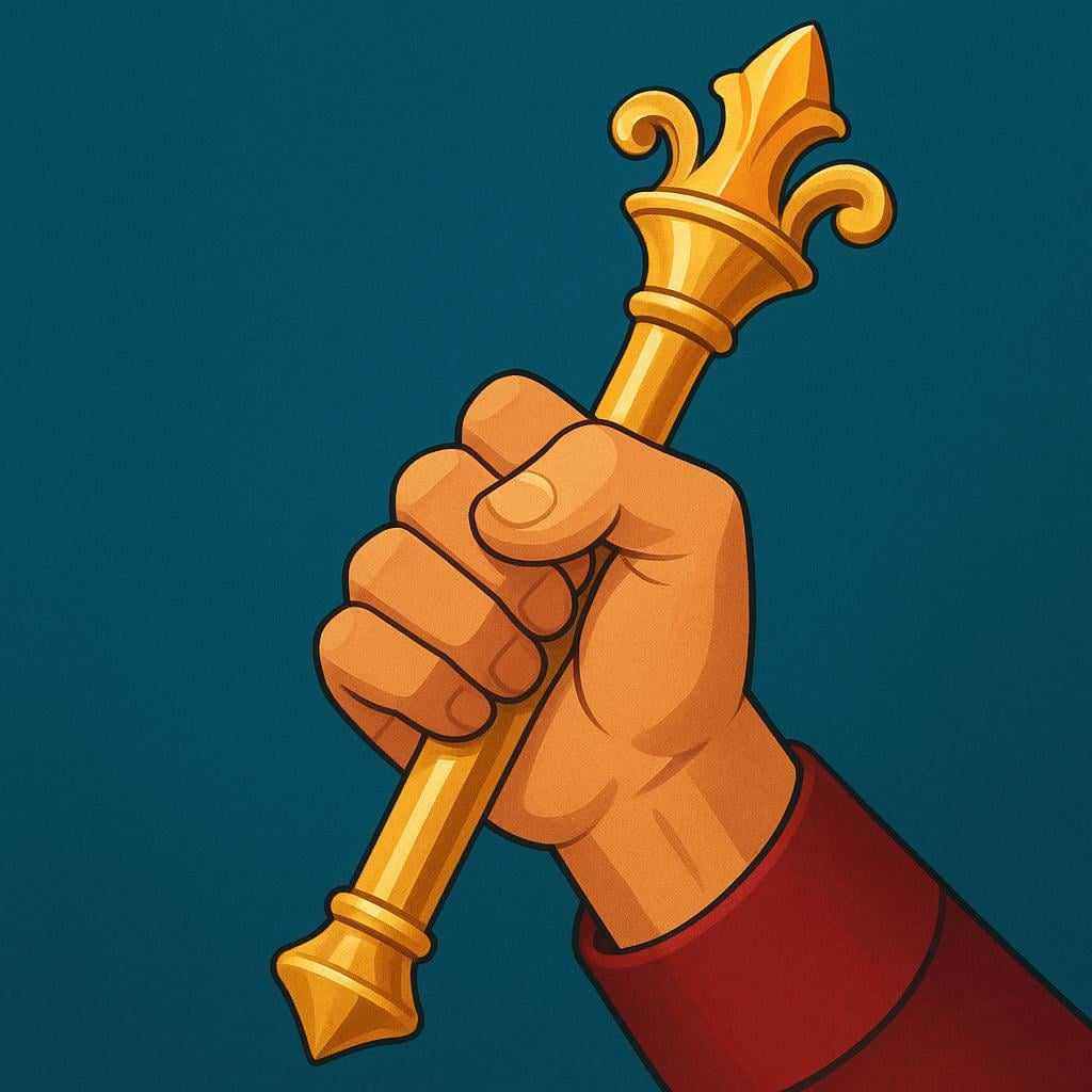 A large, powerful hand firmly grasping a golden scepter or staff, symbolizing authority and control.