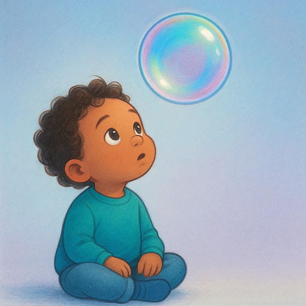 Un bambino seduto a terra, completamente rapito e che guarda in alto con occhi spalancati una singola bolla luminosa e fluttuante.