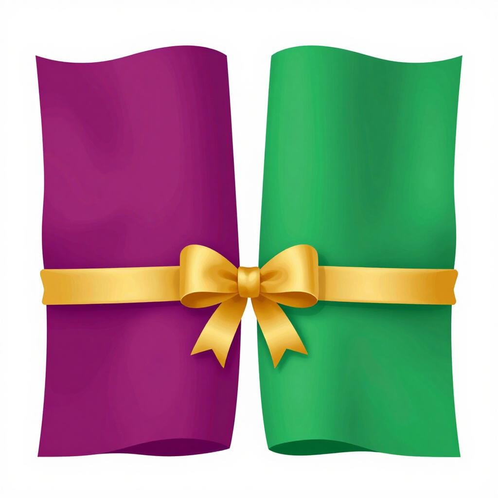 Two colorful flags standing side by side, tied together with a golden ribbon.