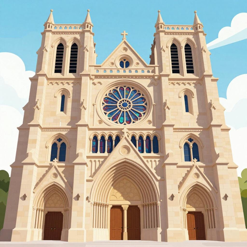 A grand stone cathedral with tall spires and a large rose window under a clear blue sky.