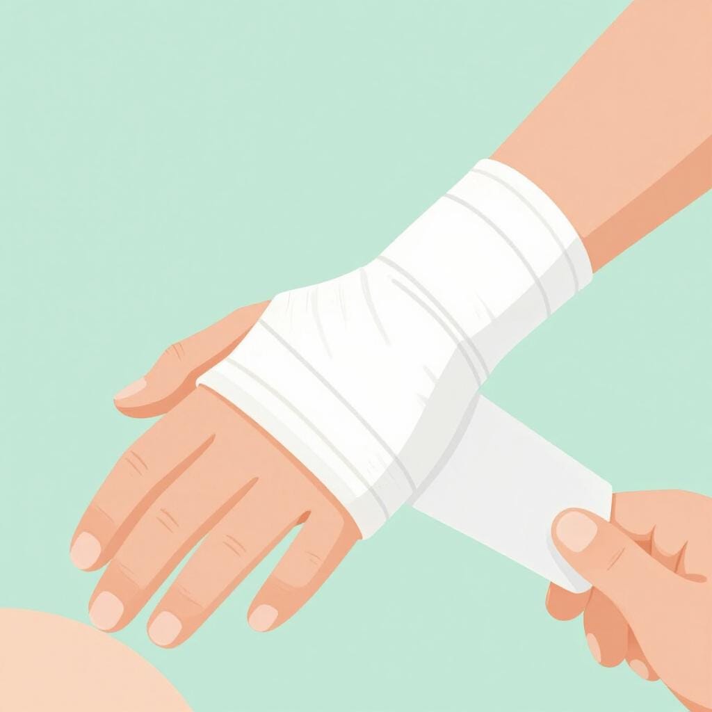 Un primo piano di una mano avvolta in una garza medica bianca pulita.