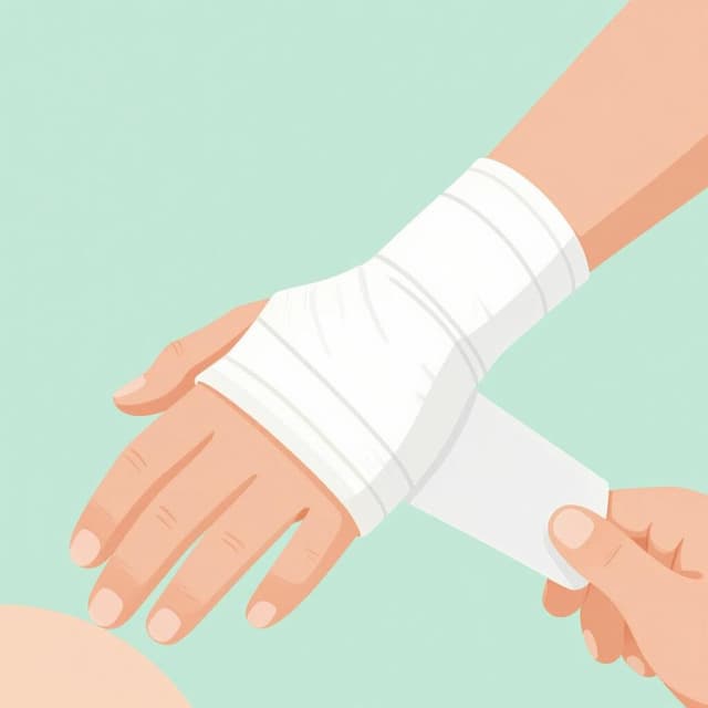 A close-up of a hand being wrapped in a clean white medical bandage.
