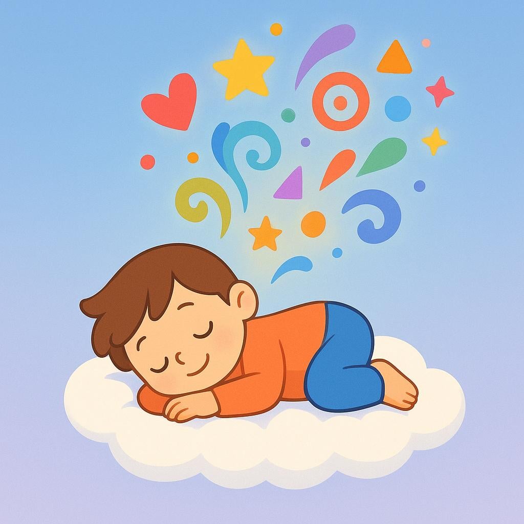 A sleeping child resting peacefully on a soft blue cloud, with vibrant, abstract shapes and stars gently floating out from their head, representing the stories and images experienced during sleep.