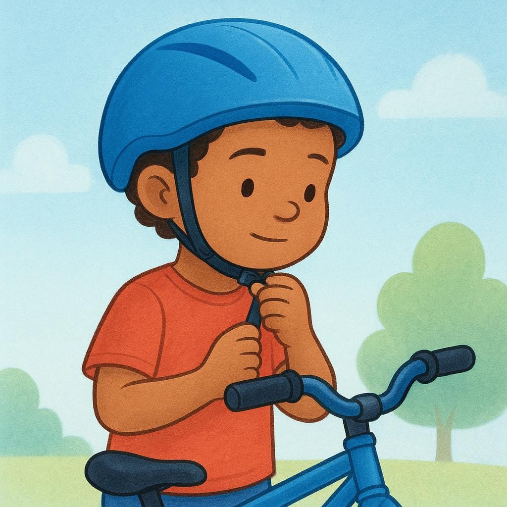 Un bambino piccolo che indossa un casco da bicicletta blu sta tirando saldamente la cinghia del mento con entrambe le mani, con aria concentrata per assicurarsi che il casco sia ben allacciato prima di andare in bicicletta.