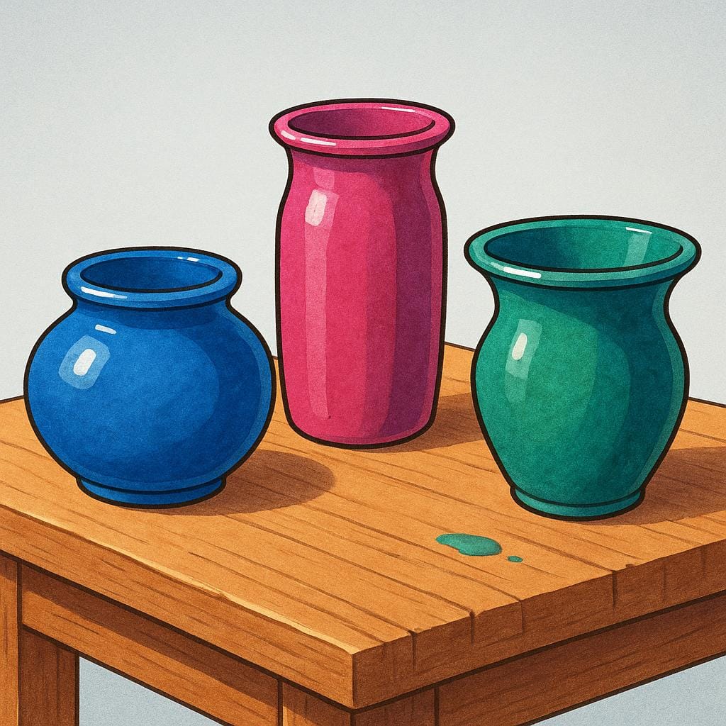 Tre vasi in ceramica dai colori vivaci e finiti, appoggiati su un banco di lavoro in legno, a illustrare che sono stati creati.
