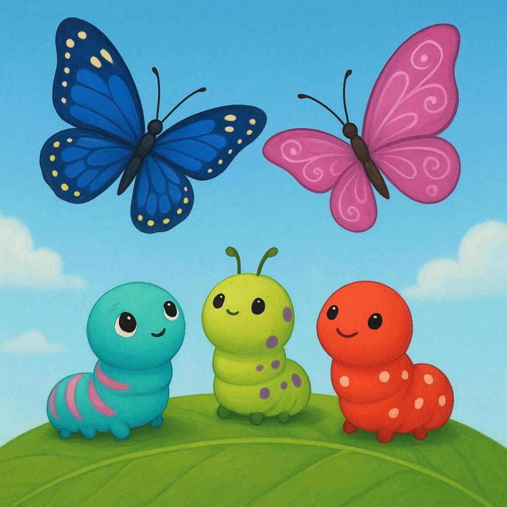 Three small, brightly colored caterpillars sitting on a green leaf, looking up intently at two large, majestic butterflies flying high in the sunny blue sky, symbolizing their future state.