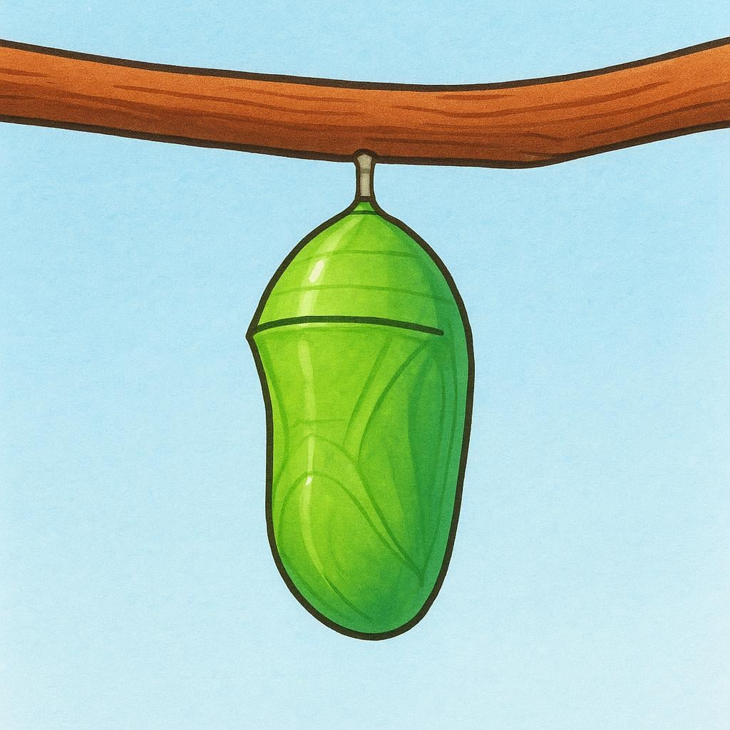 A single green chrysalis is hanging from a brown tree branch, representing a distinct stage in the life cycle of a butterfly.