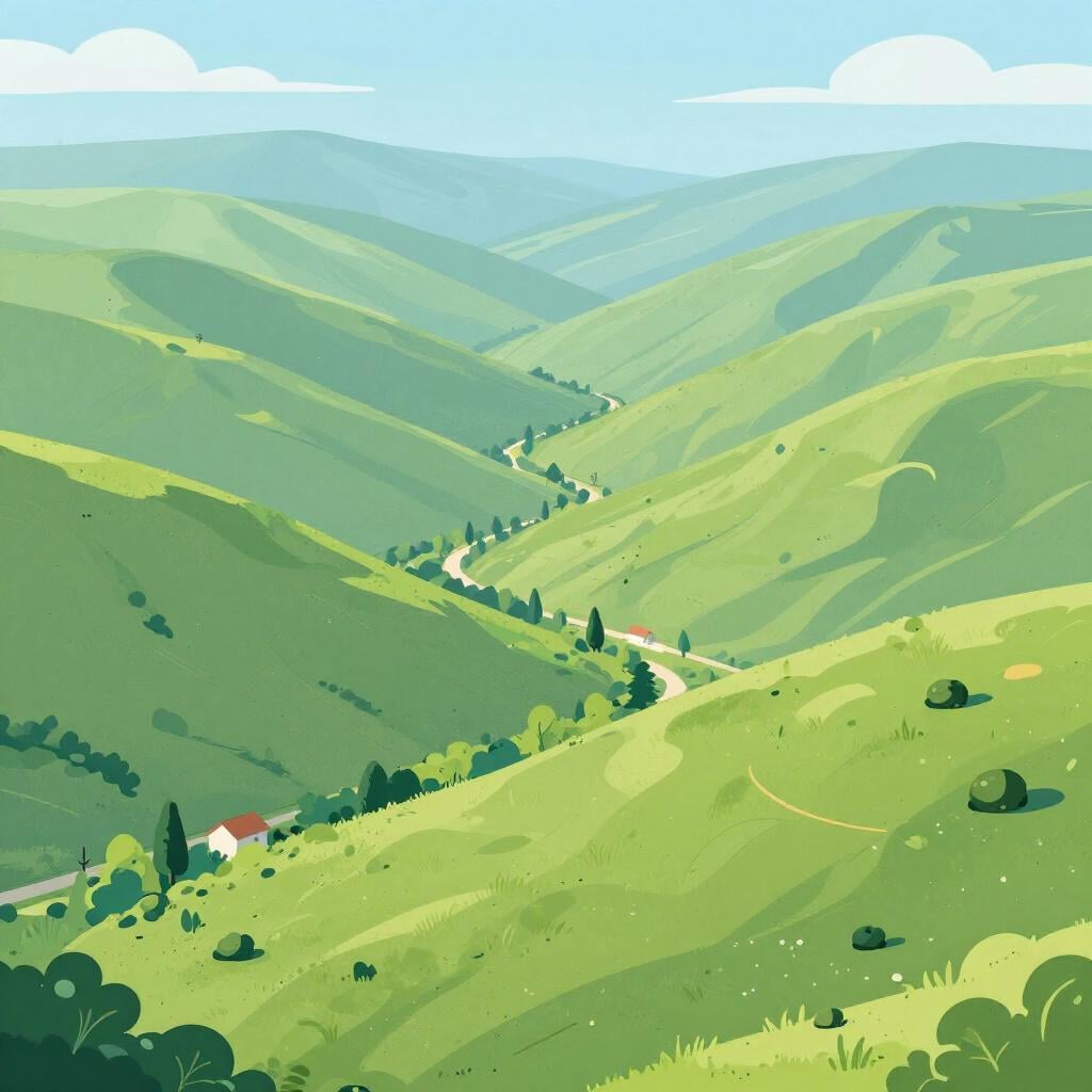 A wide, sweeping landscape showing a vast valley stretching out towards distant mountains under a blue sky.