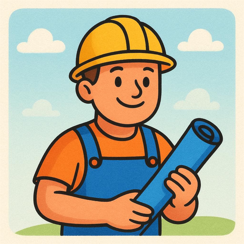 Uma ilustração de desenho animado de um engenheiro ou arquiteto vestindo um capacete amarelo e segurando uma planta azul enrolada, simbolizando um trabalho que requer treinamento especializado.