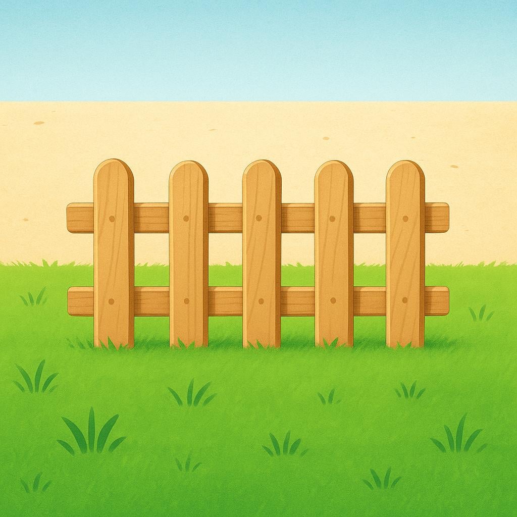 A low, simple wooden fence acting as a boundary between a vibrant green grassy area and a smooth sandy area.