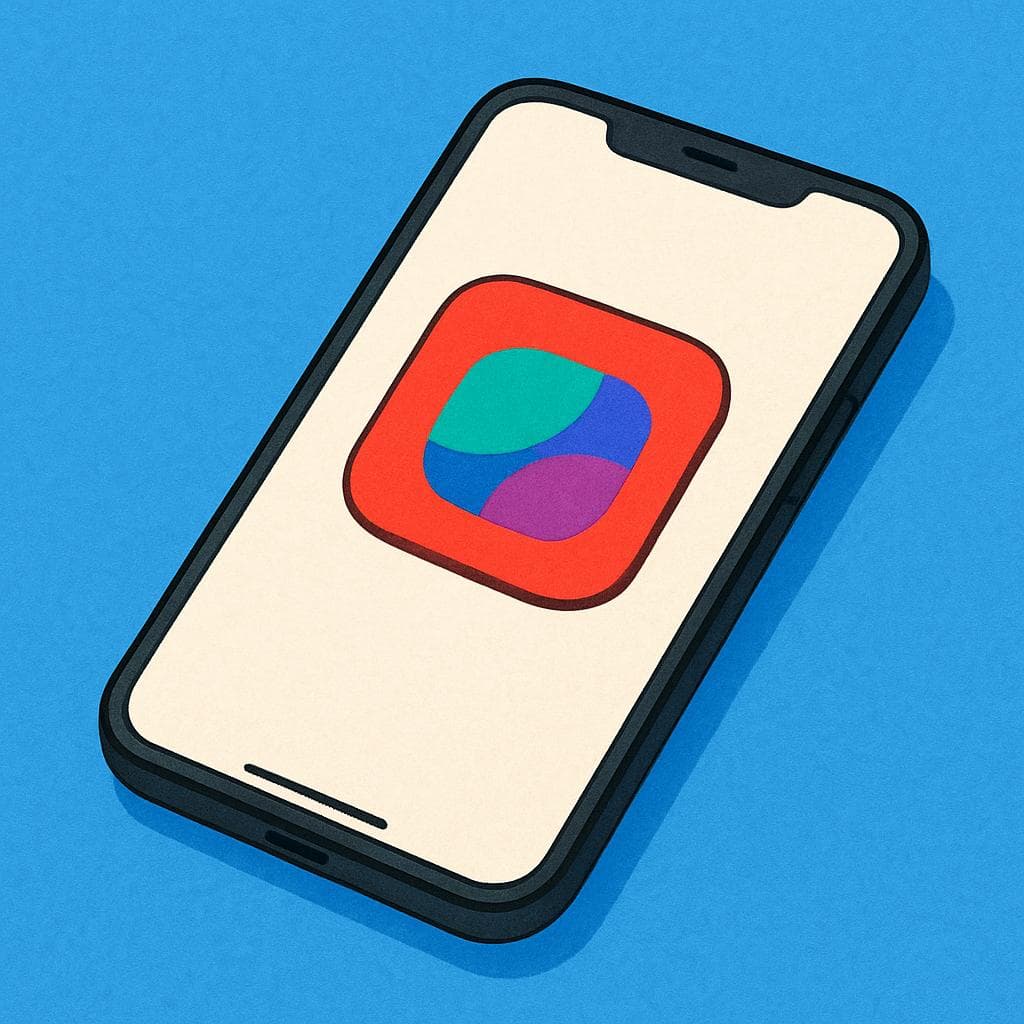 Um smartphone simples e moderno com um fundo azul brilhante na tela, repousando sobre uma superfície plana.