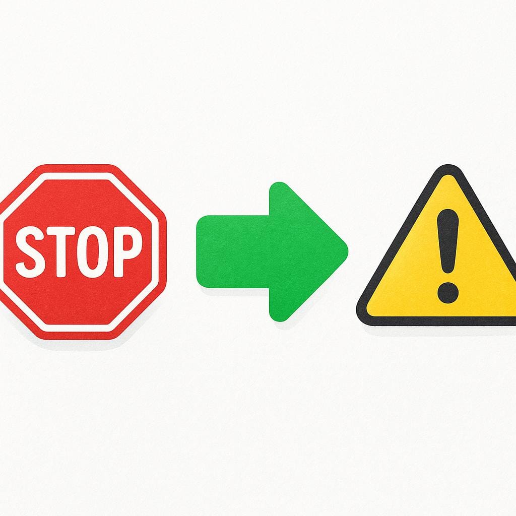 Three brightly colored, simple road signs: a red stop sign octagon, a green directional arrow, and a yellow warning triangle with an exclamation point.