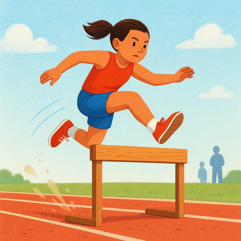 Eine entschlossene, athletische Figur springt erfolgreich über eine hohe Holzhürde und stellt das Überwinden einer Schwierigkeit dar.