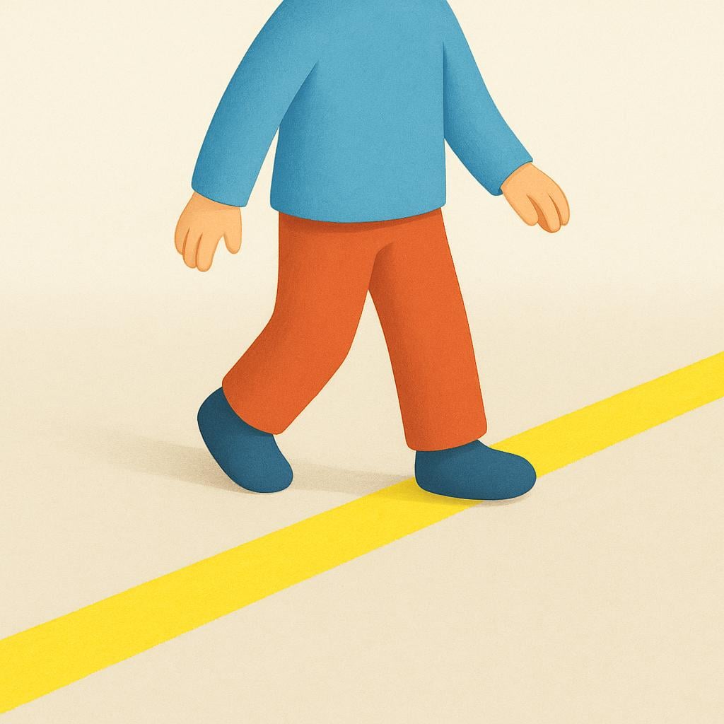 A simple figure standing with one foot clearly over a thick, bright yellow line painted on the ground, indicating they have gone past a physical limit.