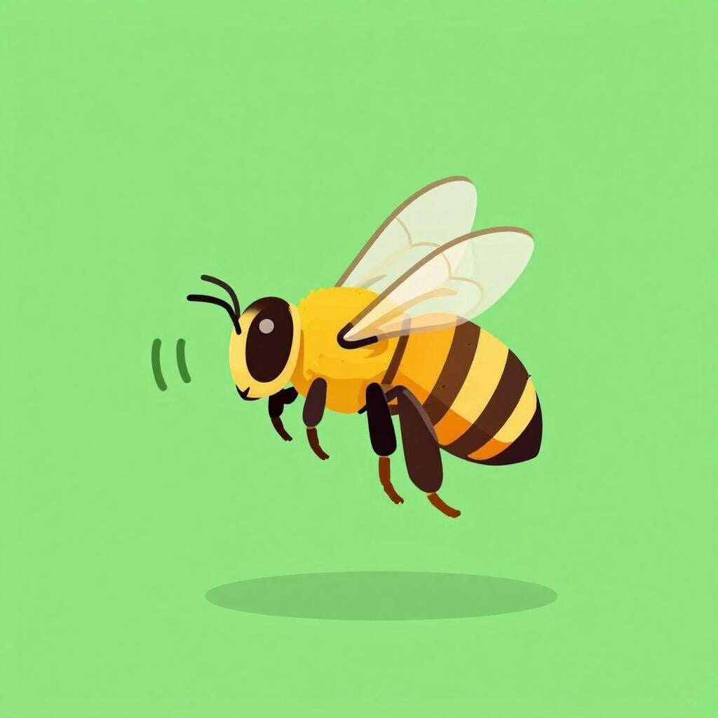 A small yellow and black honeybee flying near a purple flower, with small curved lines around its wings to suggest vibration and sound.